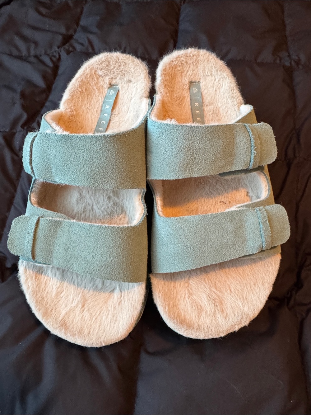 Reef Sage Green Fuzzy Suede Double-Strap Slide Sandals